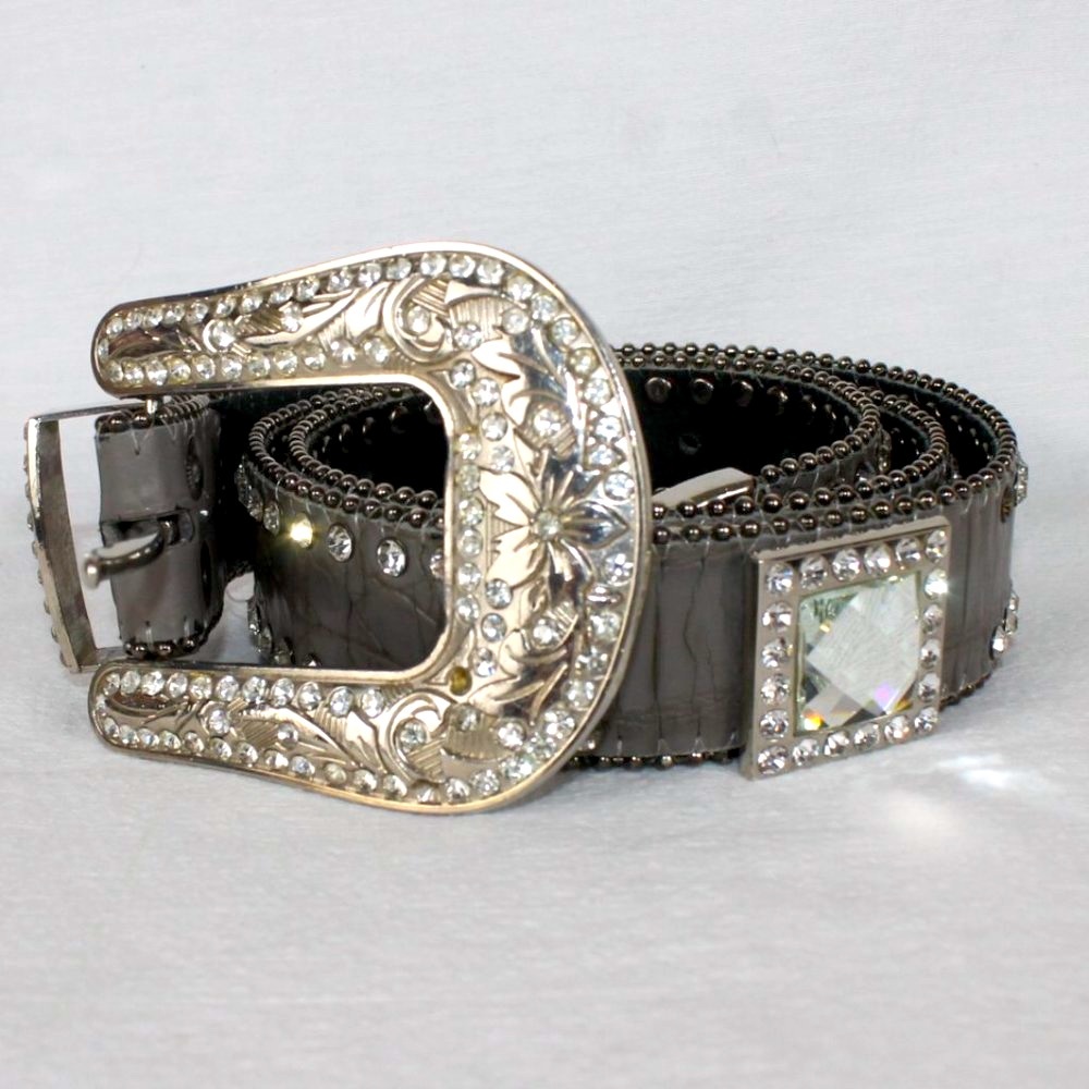 Gray Leather Rhinestone Genuine Leather Western Belt Woman Silver Buckle Cowgirl